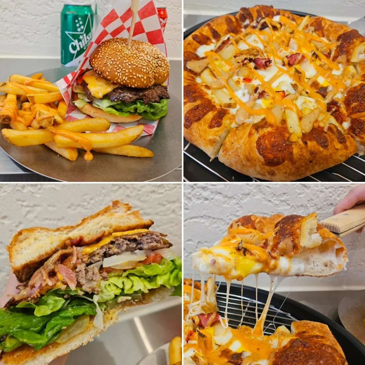 A classic hamburger and potato pizza laid out together