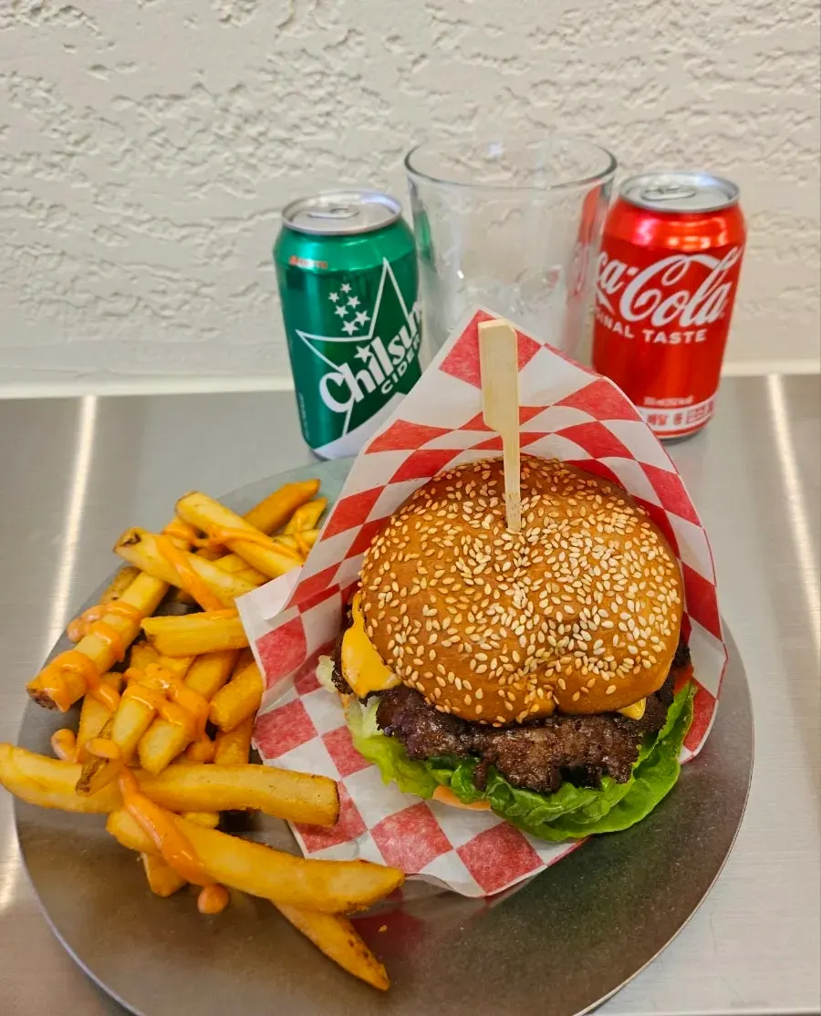 Classic burger set served with a drink