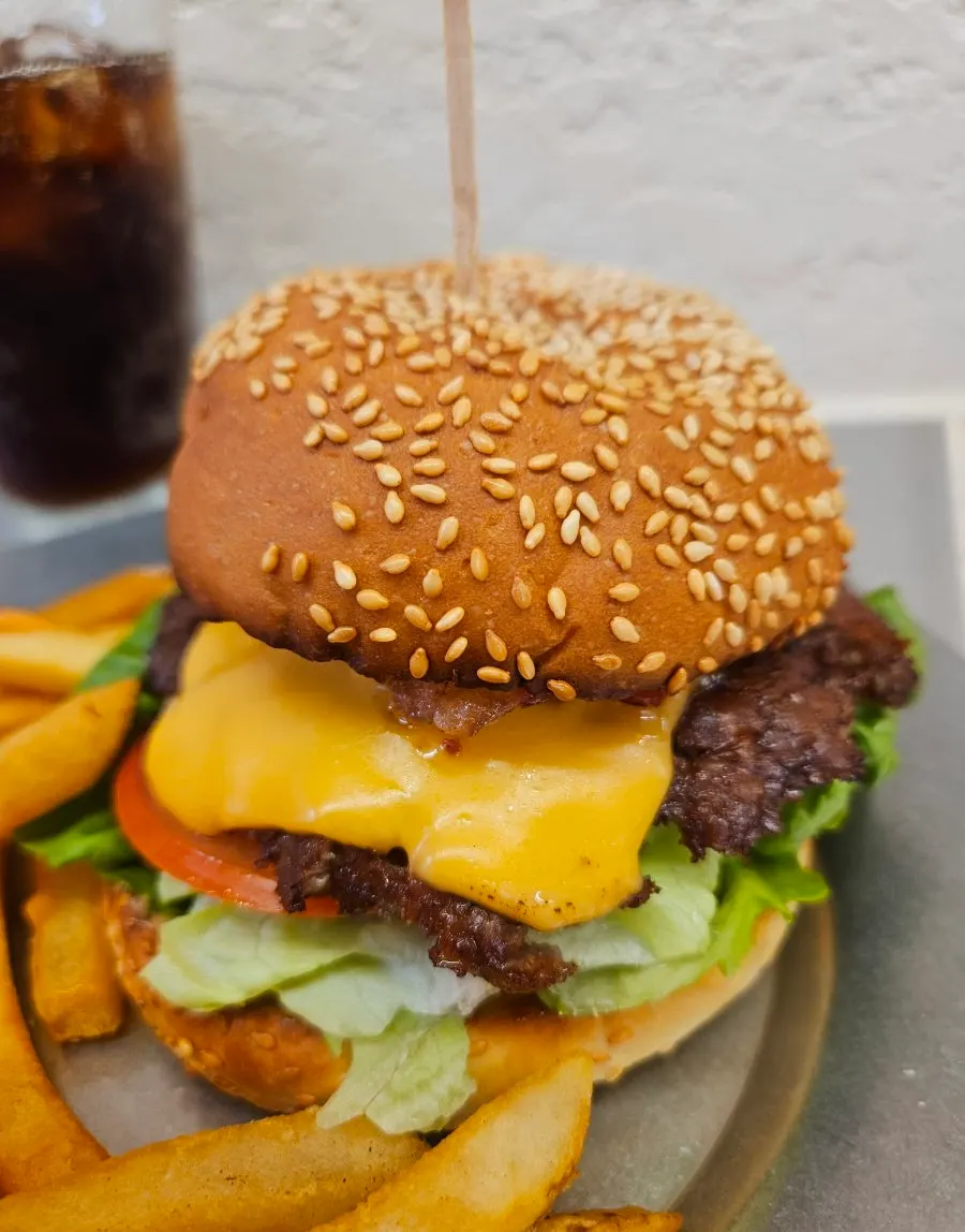 Classic burger with sesame-topped bun and fries