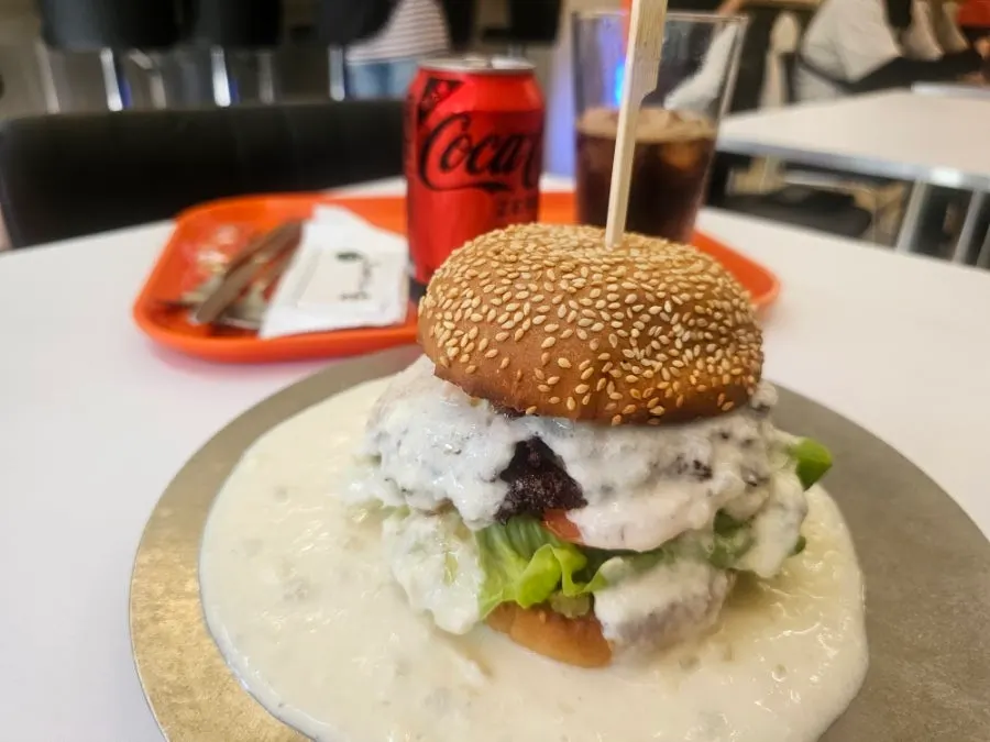 Cross-section of the white burger with an extra patty added