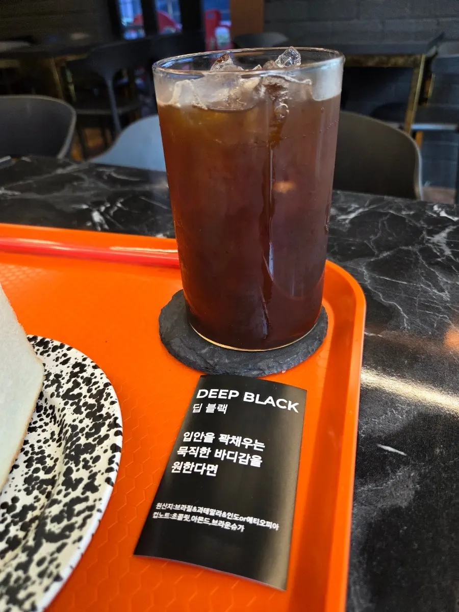 Table with two sandwiches and an iced americano