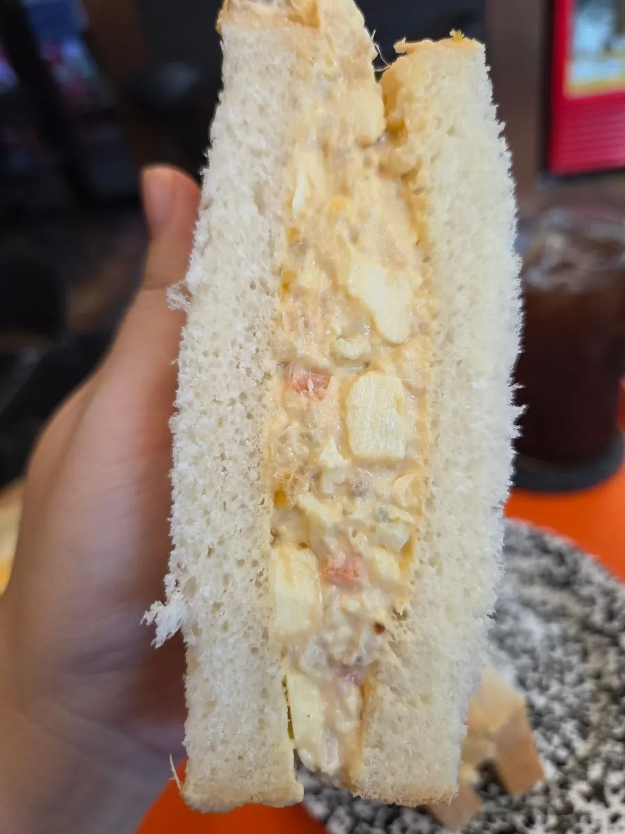 Cross-section of the tuna-egg sandwich packed with tuna