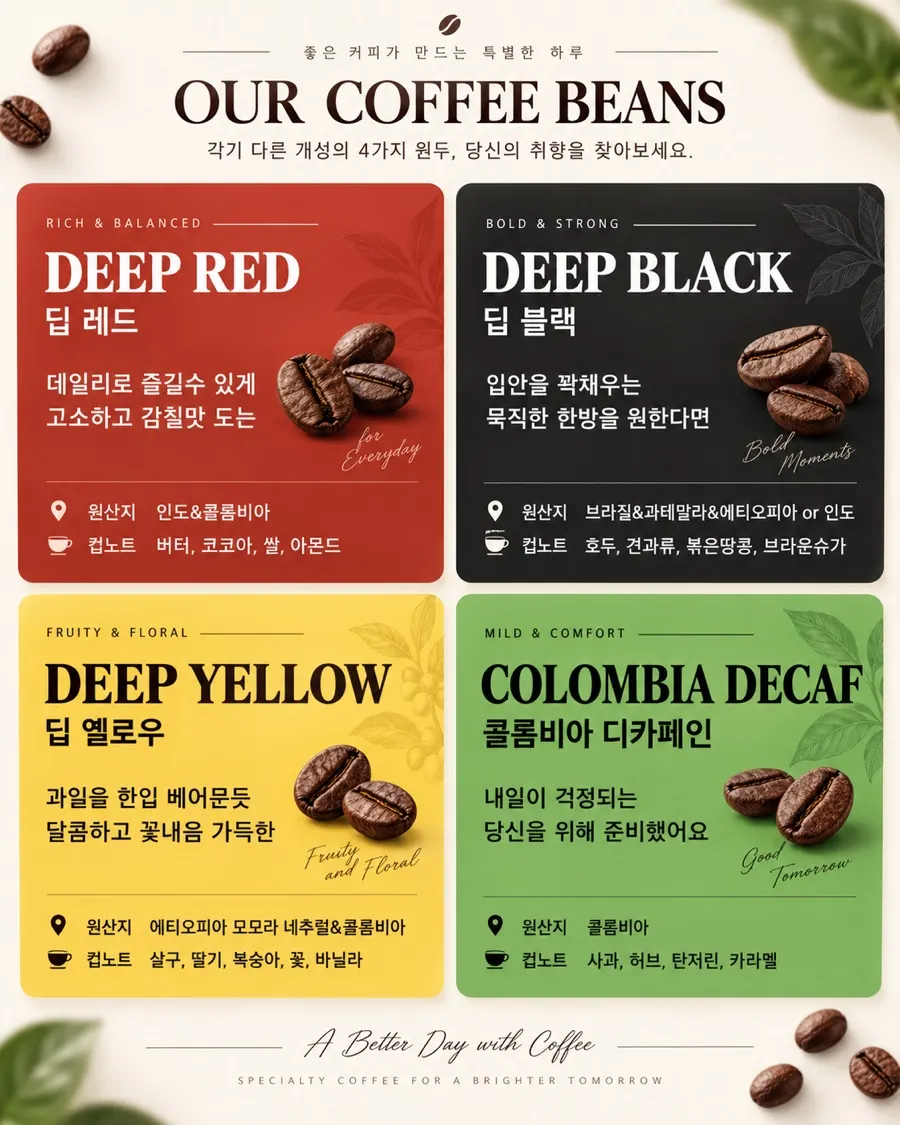 딥레드 원두 설명이 적힌 안내판