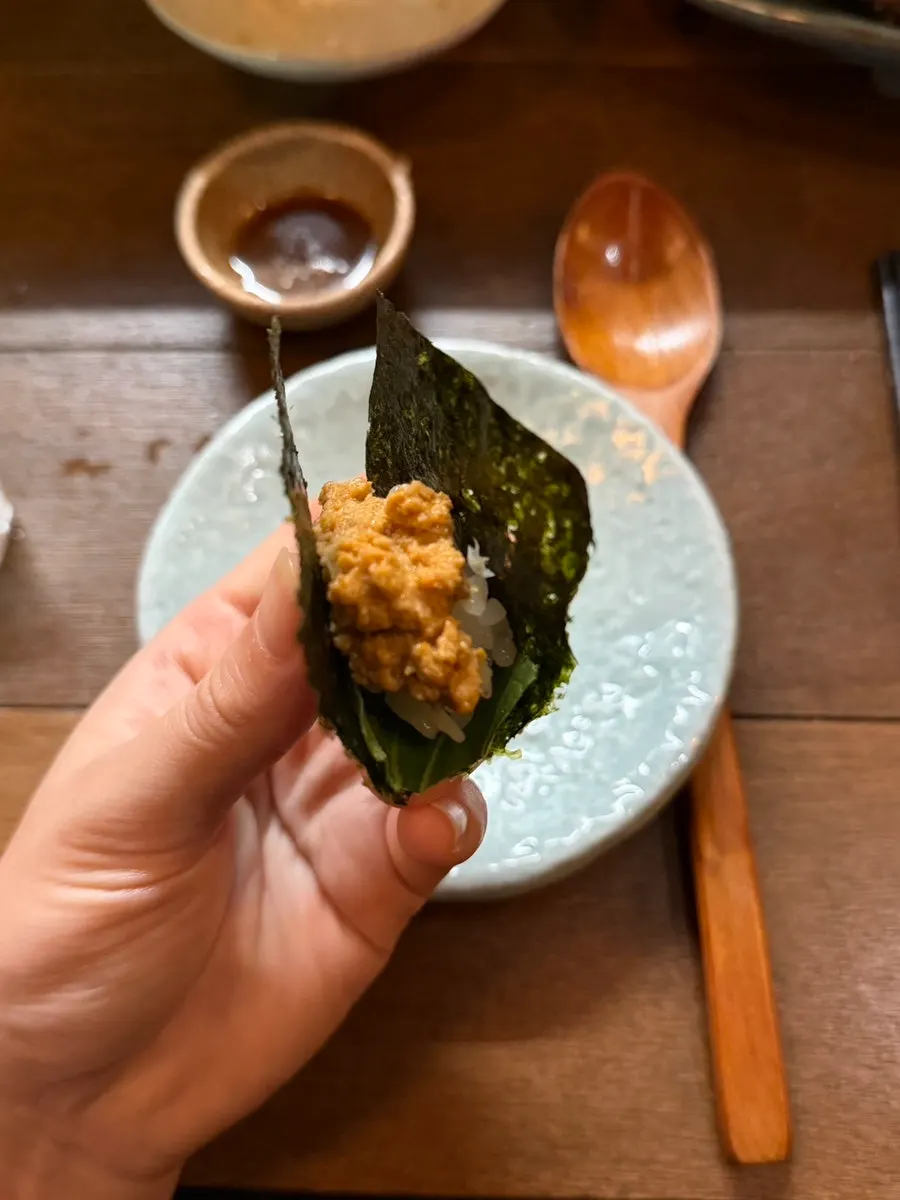 Ankimo paired with vinegared rice and seaweed