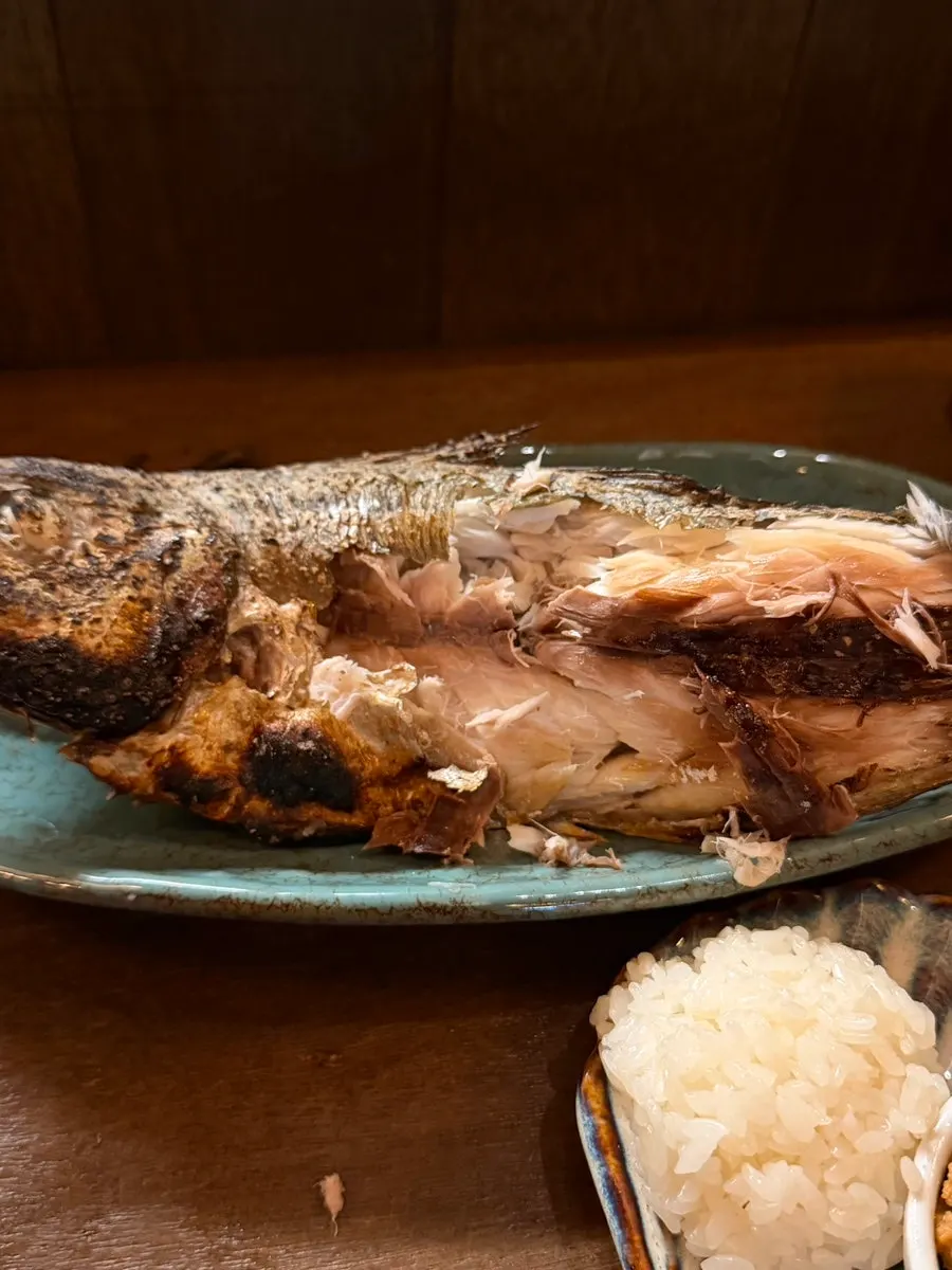 Golden-brown extra-large grilled horse mackerel