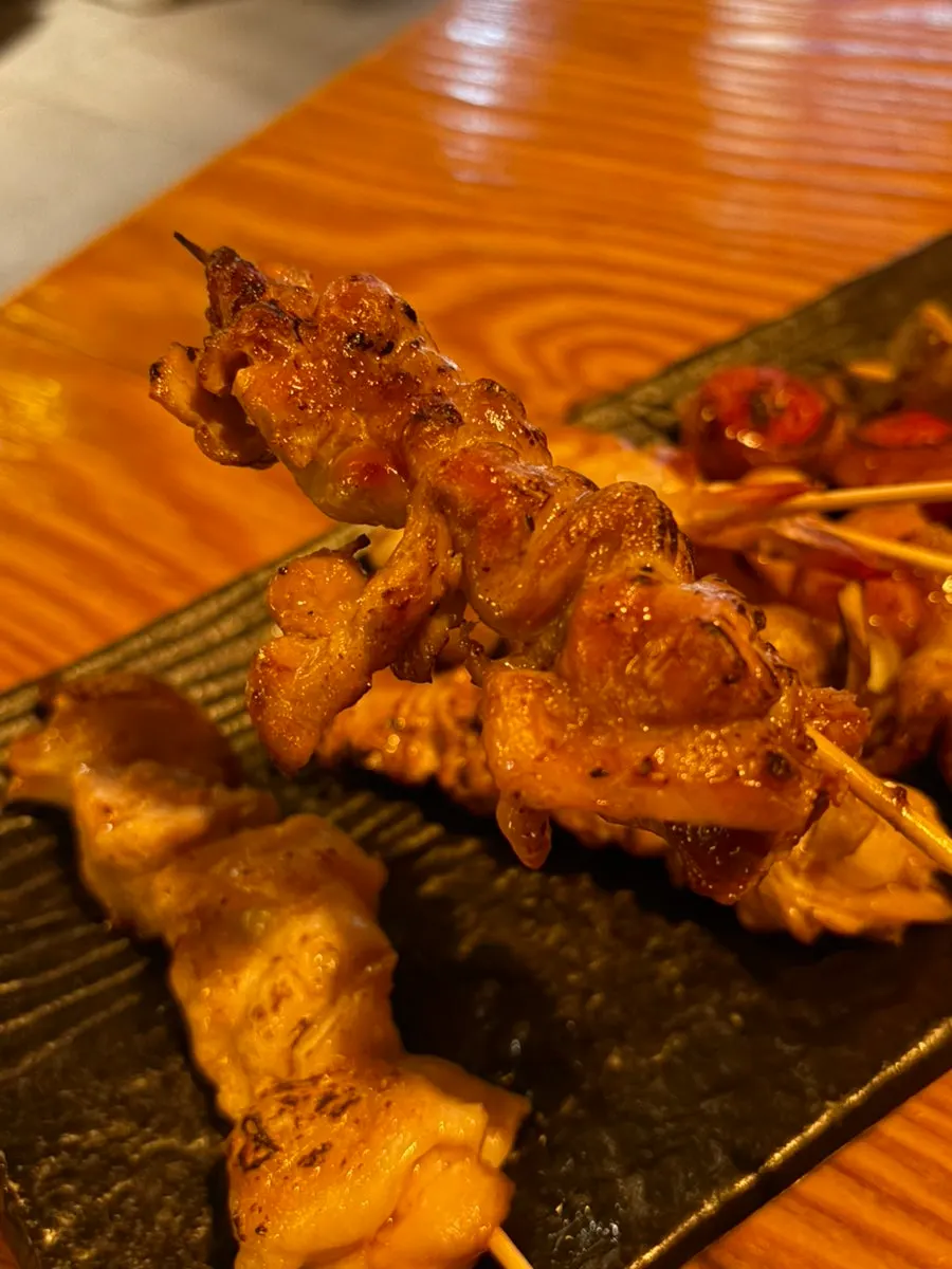 Thickly grilled chicken thigh and gizzard skewers