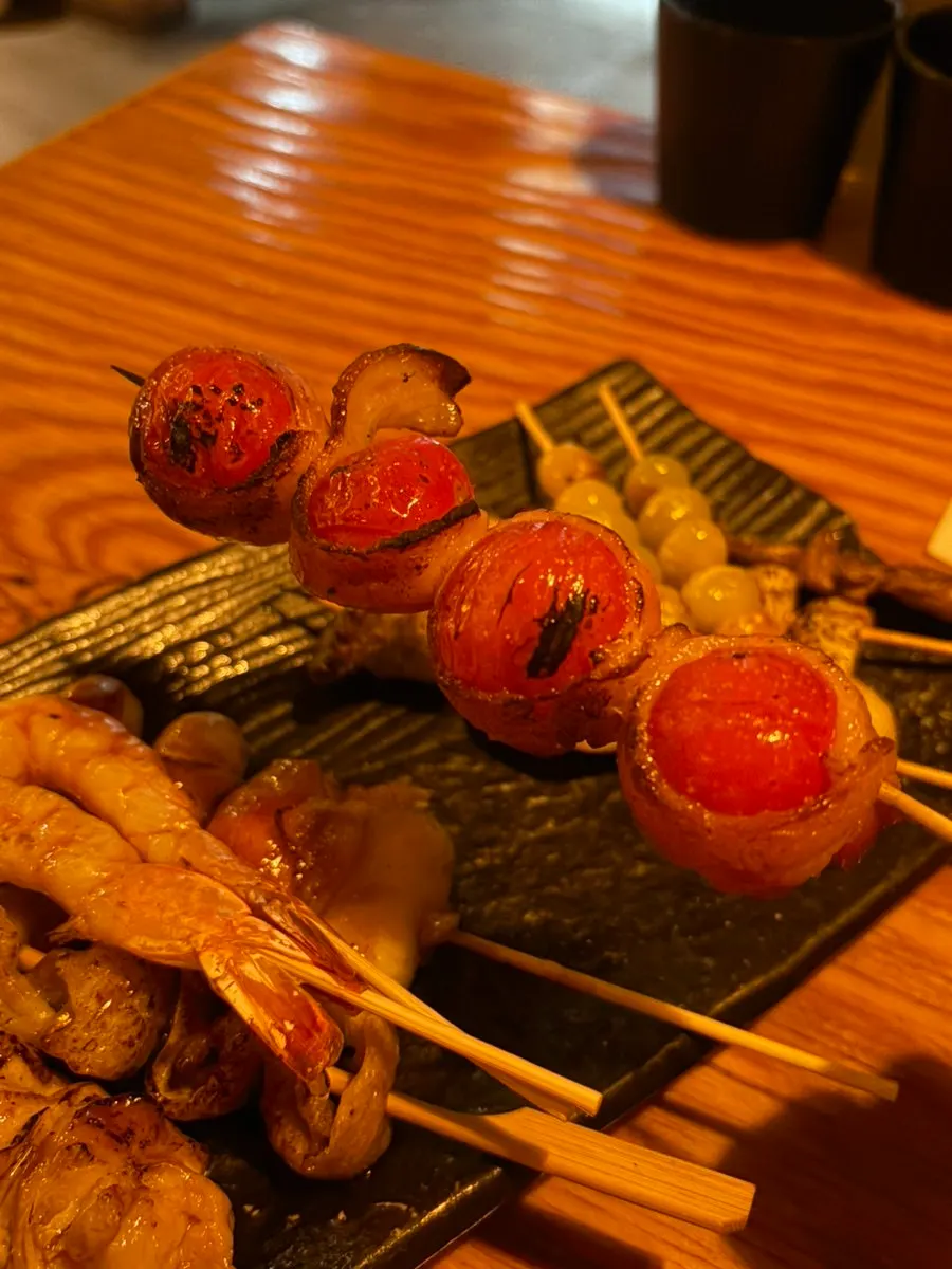 Peeled shrimp skewer