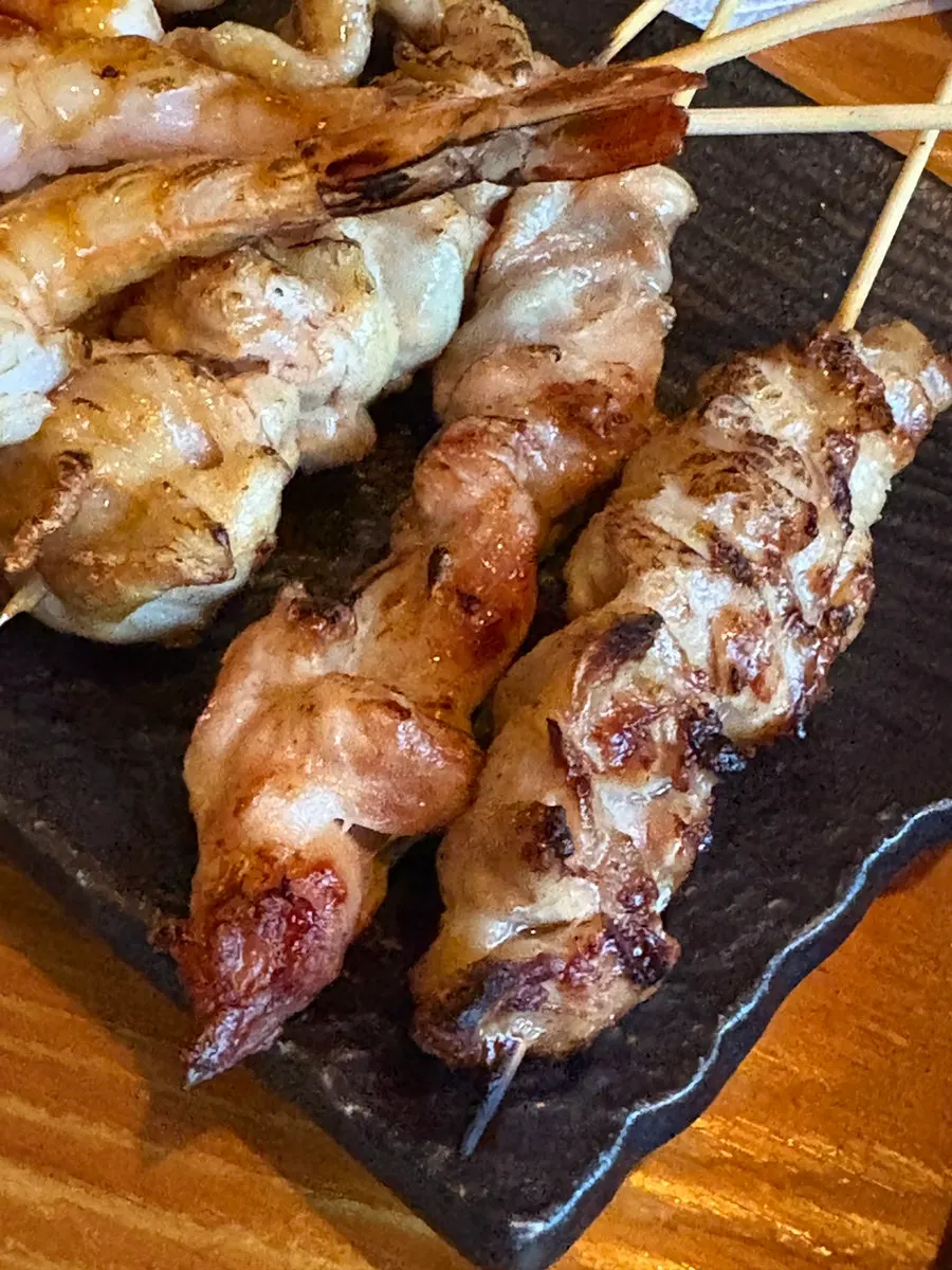 Close-up of shrimp and grilled ginkgo skewers