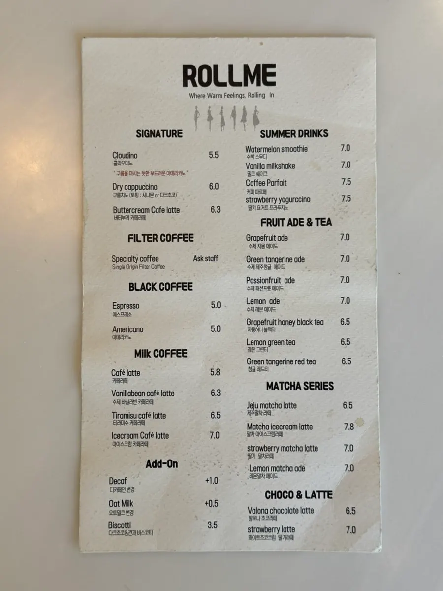 Rollmi's coffee and drinks menu board
