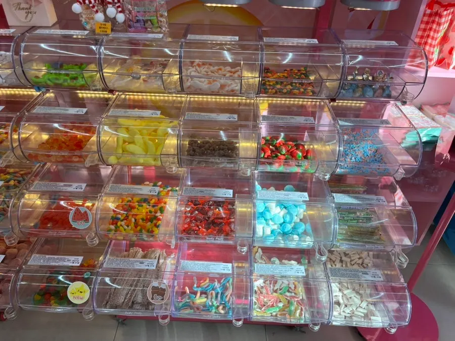 Interior of the jelly and candy shop with pink decor