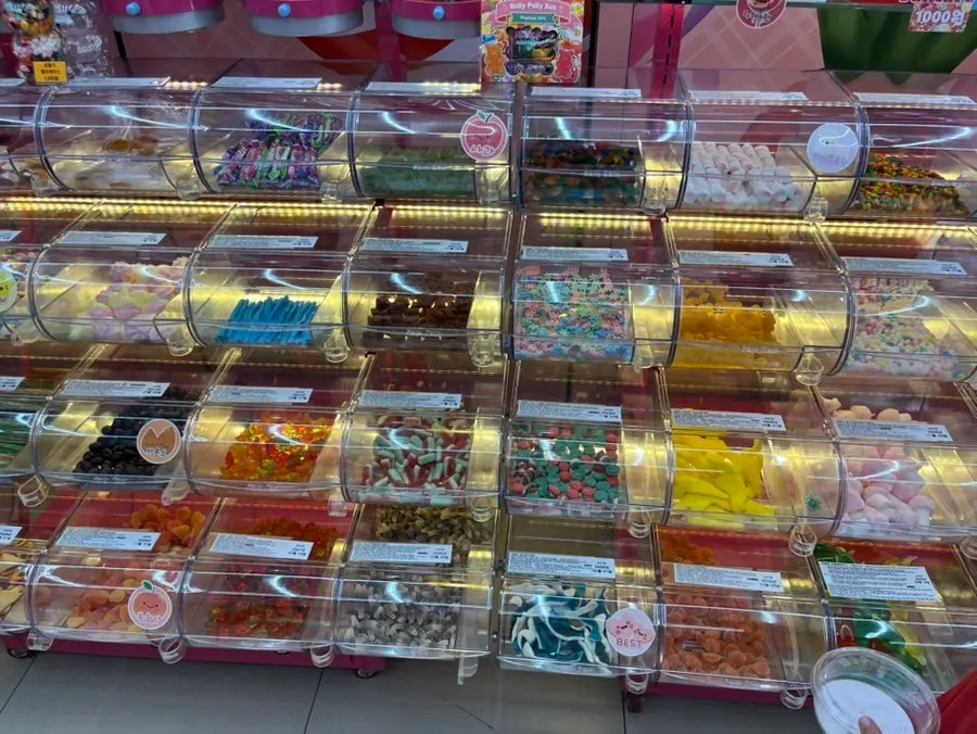 Wall of colorful jelly display cases