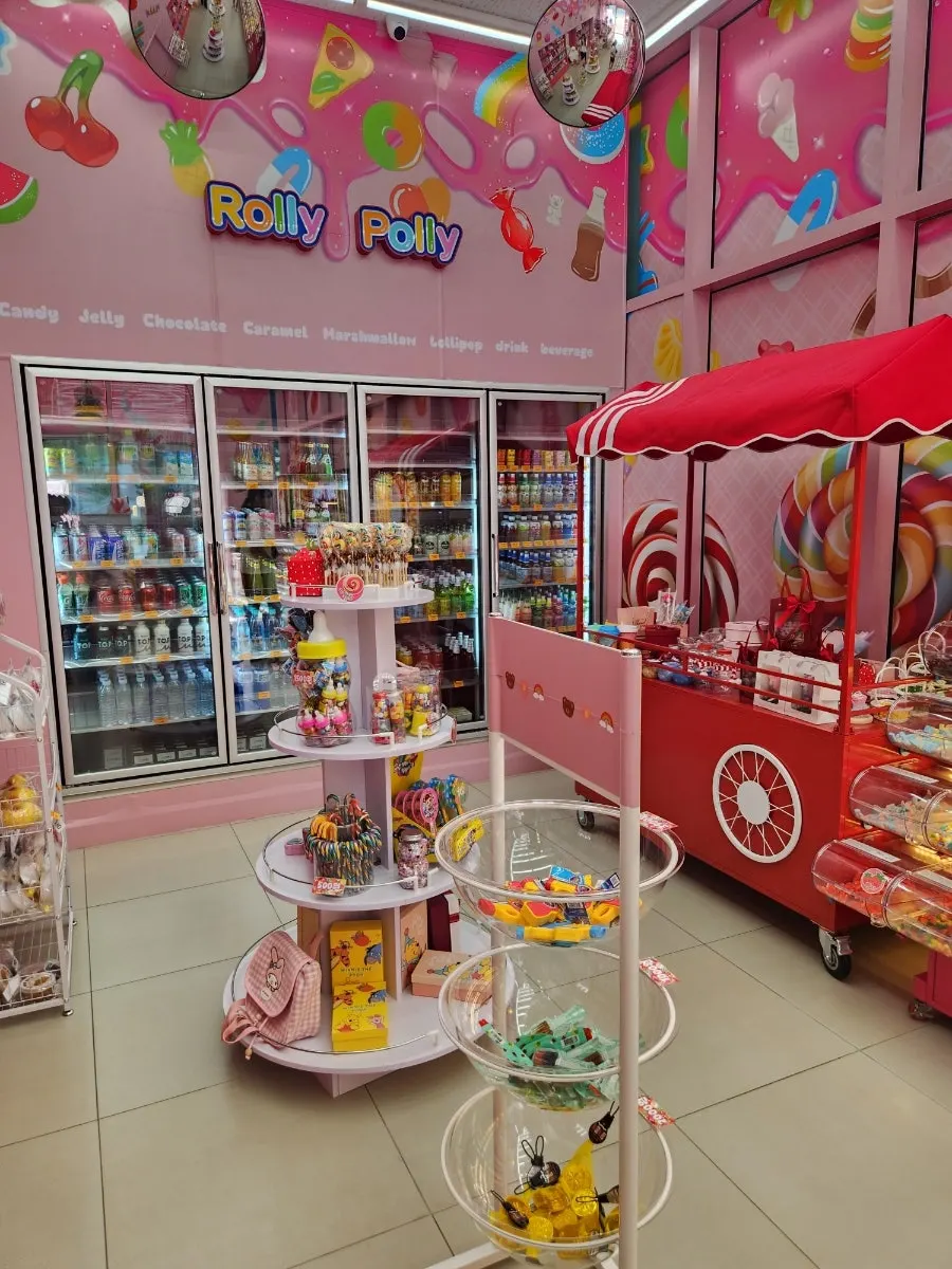 Store interior with kid-height display shelves