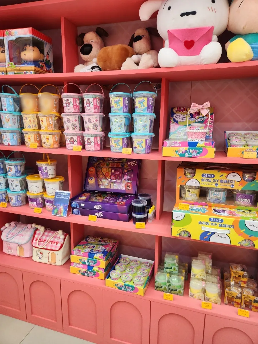 Shelf with squishy toys and slime together