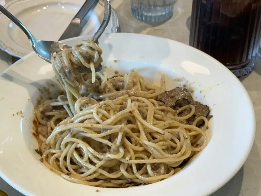 Pasta noodles topped with sliced fresh truffle