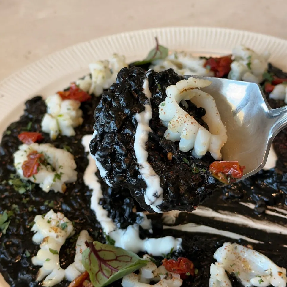 Close-up of squid ink risotto with cuttlefish and white sauce
