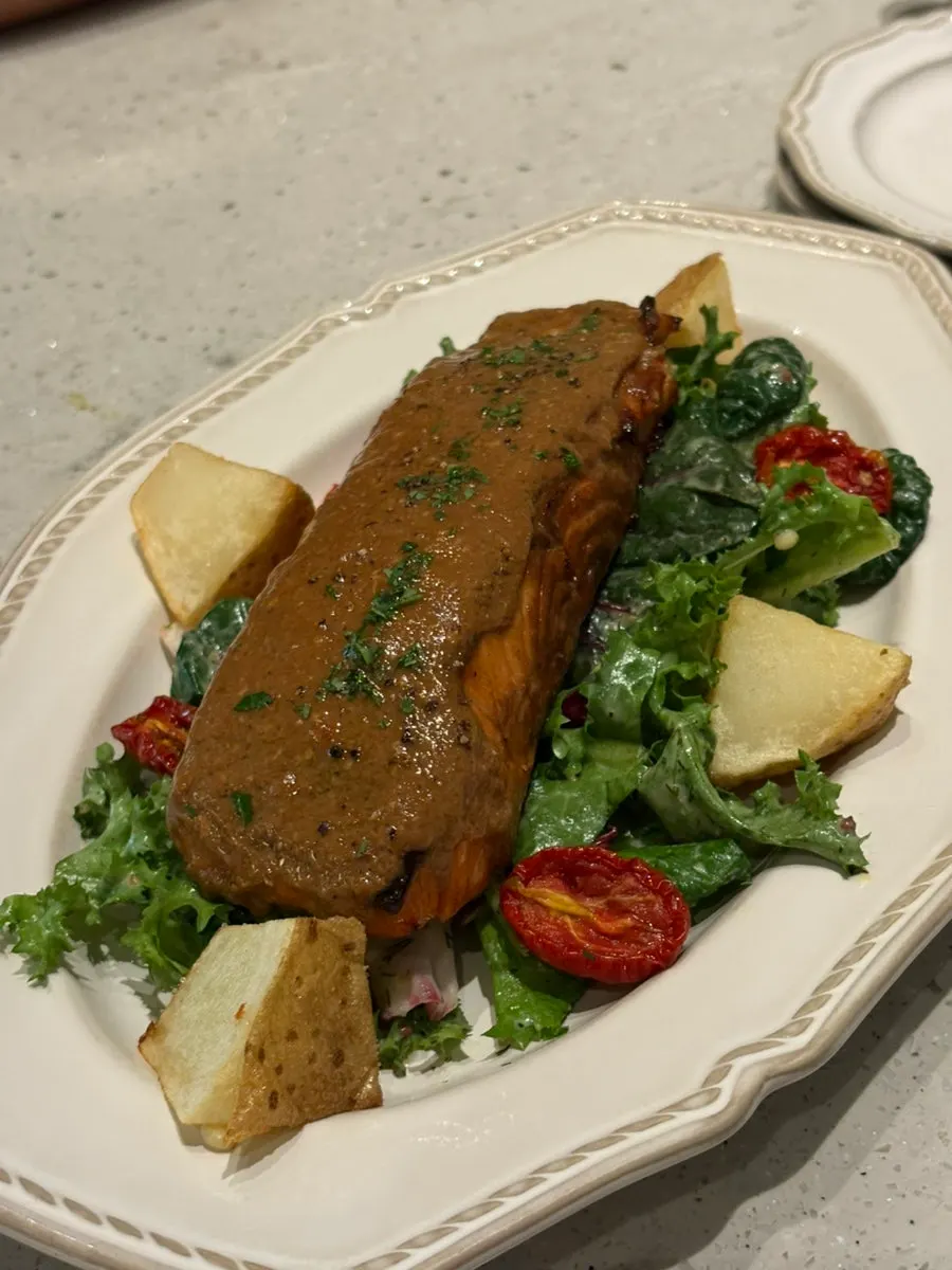 Crisp-outside, moist-inside salmon steak at Romaok Magok