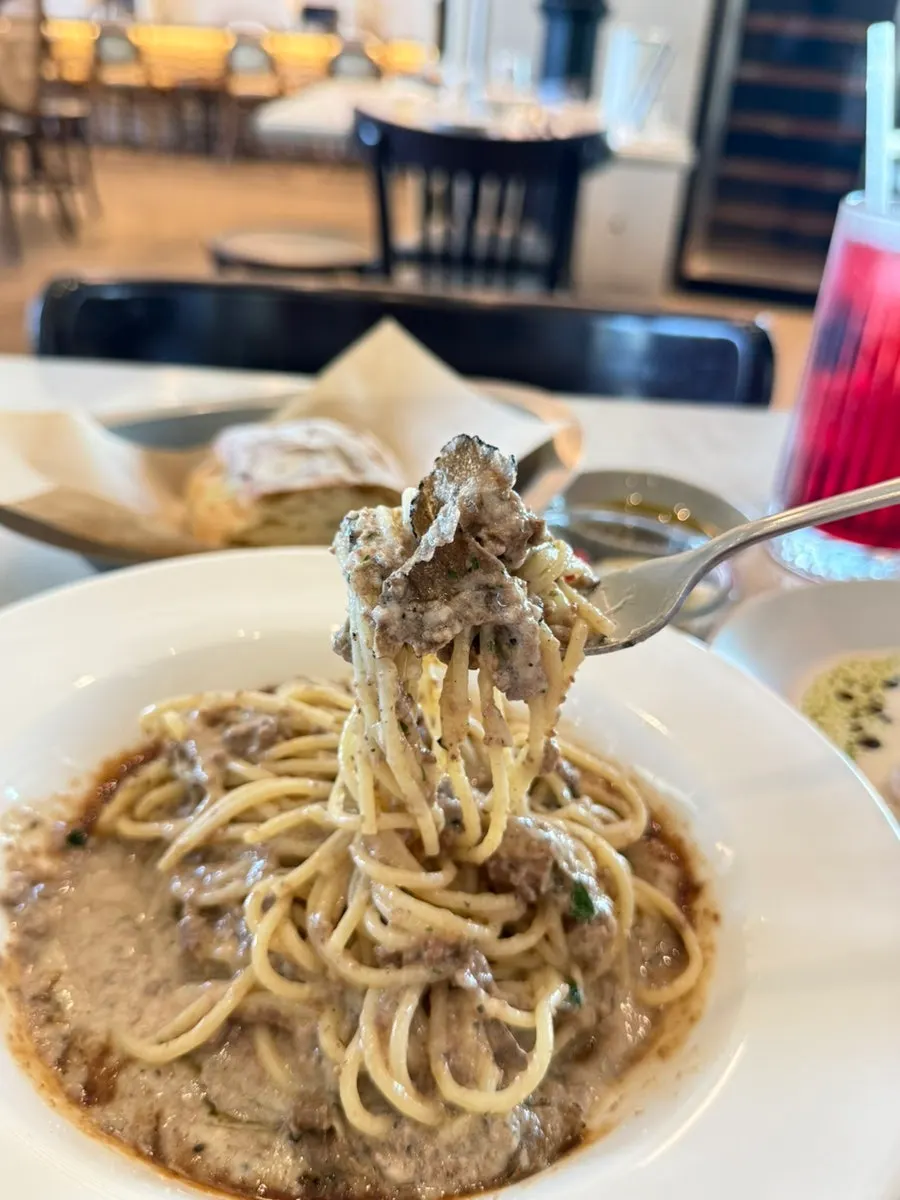 Spaghettini noodles mixed with minced Korean beef ragu