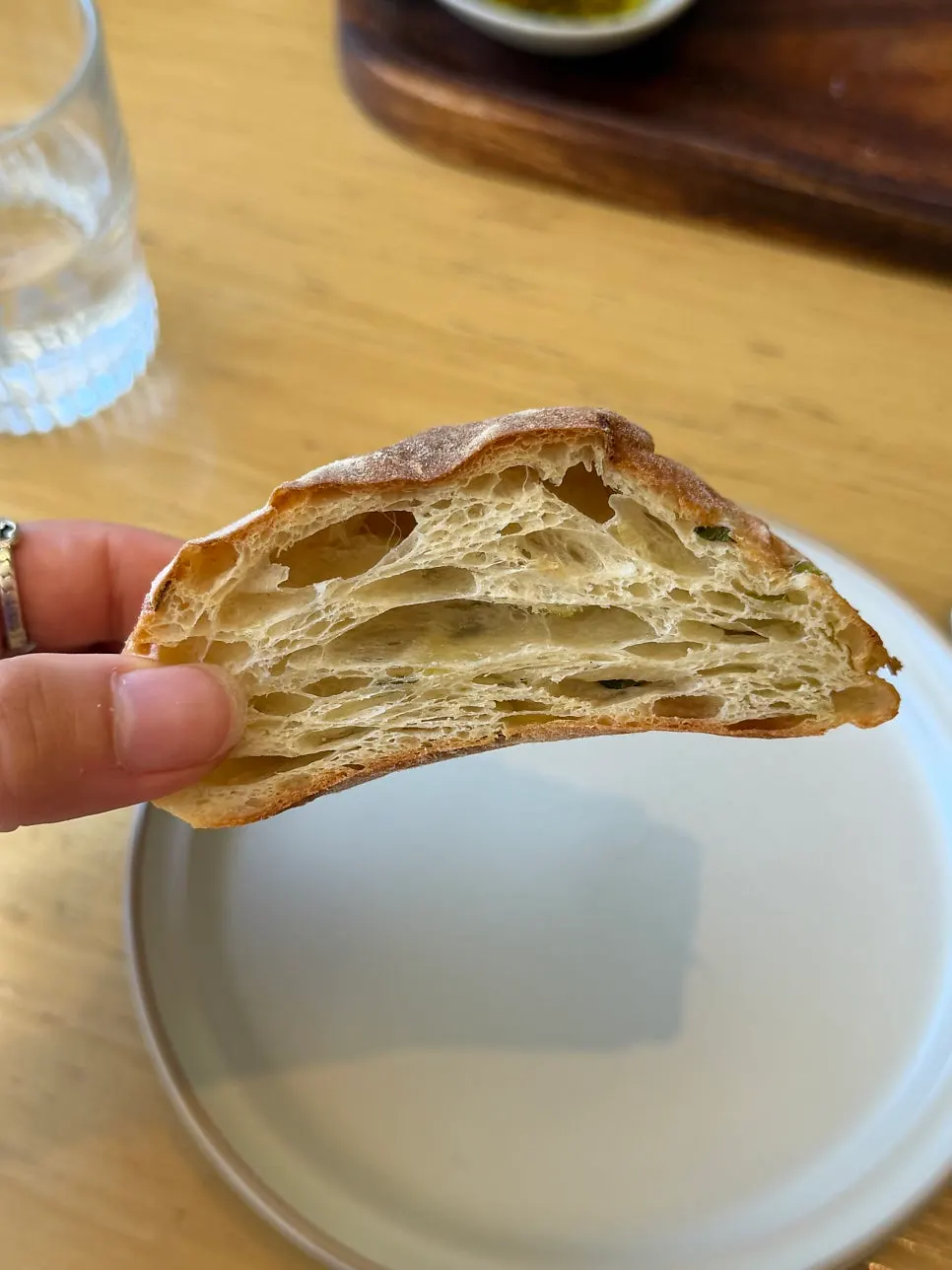 Bread with a crisp outside and soft, moist inside