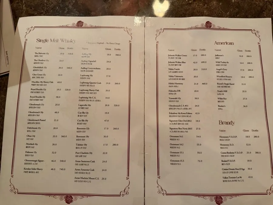 Menu listing brandies and whiskies