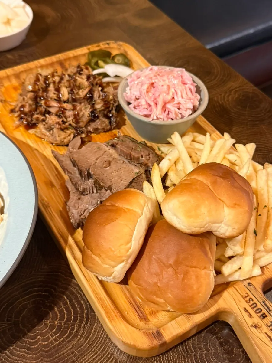 TWO MEAT BBQ plate with brisket and pulled pork
