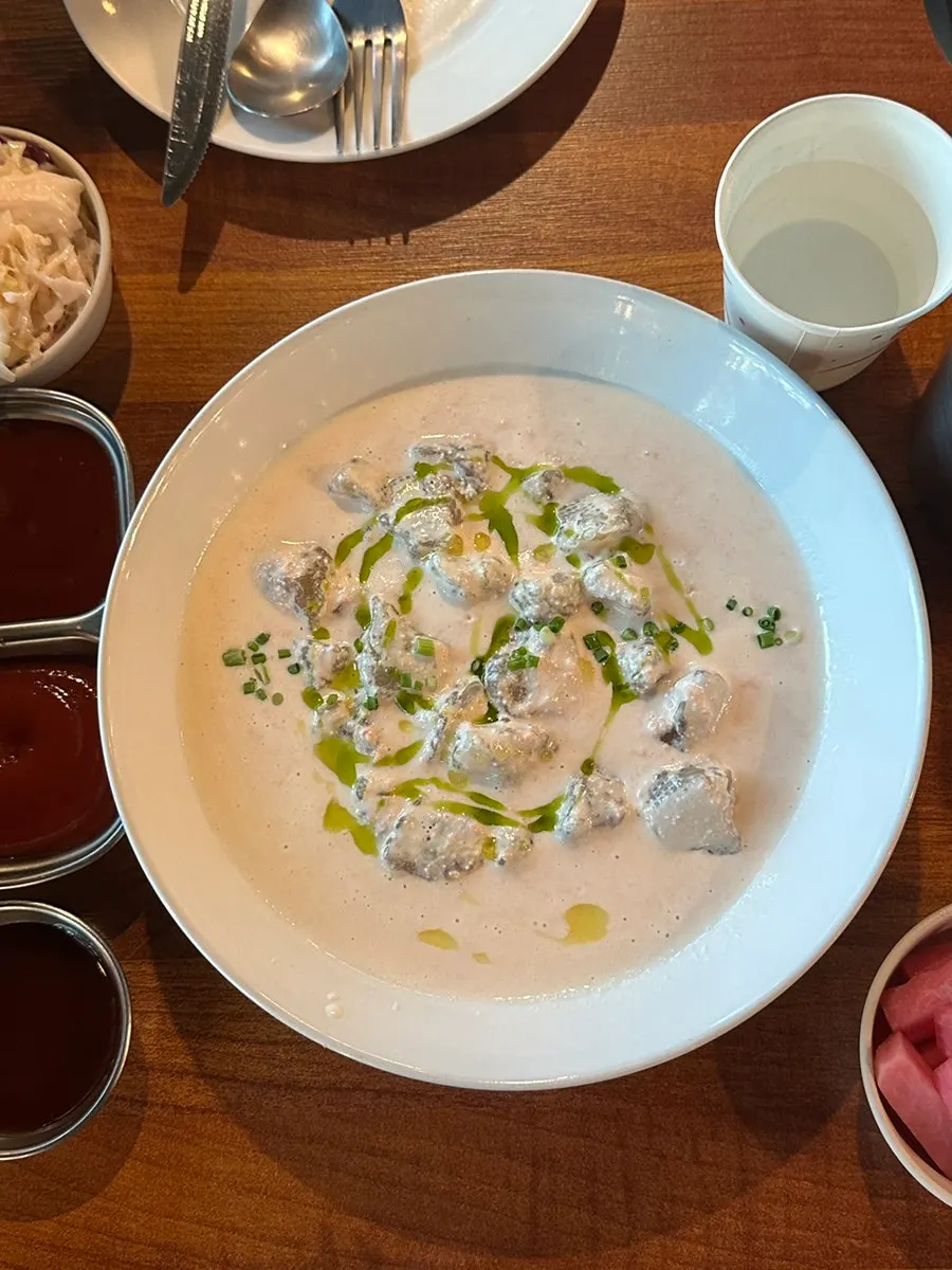 Close-up of the myeongnan-ongsimi in cream sauce
