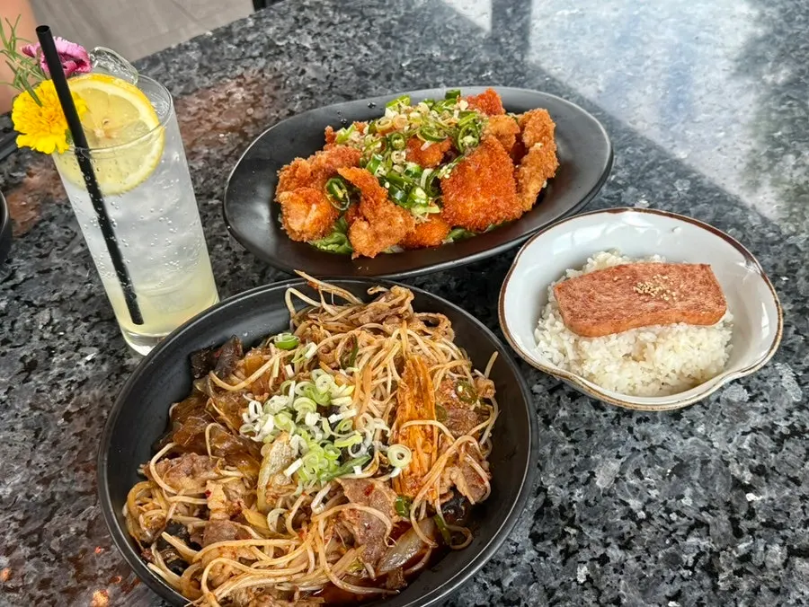 Table set with the food and cocktail ordered at Ryu-eun