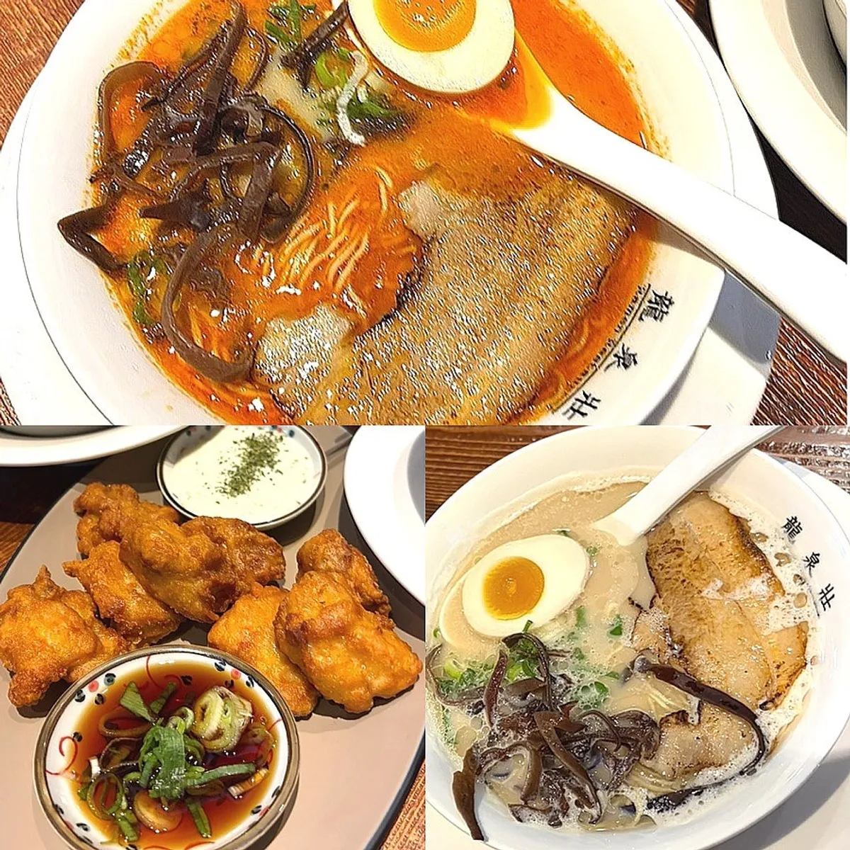 A full spread of ramen and karaage at Ryusenso Beomeo Branch