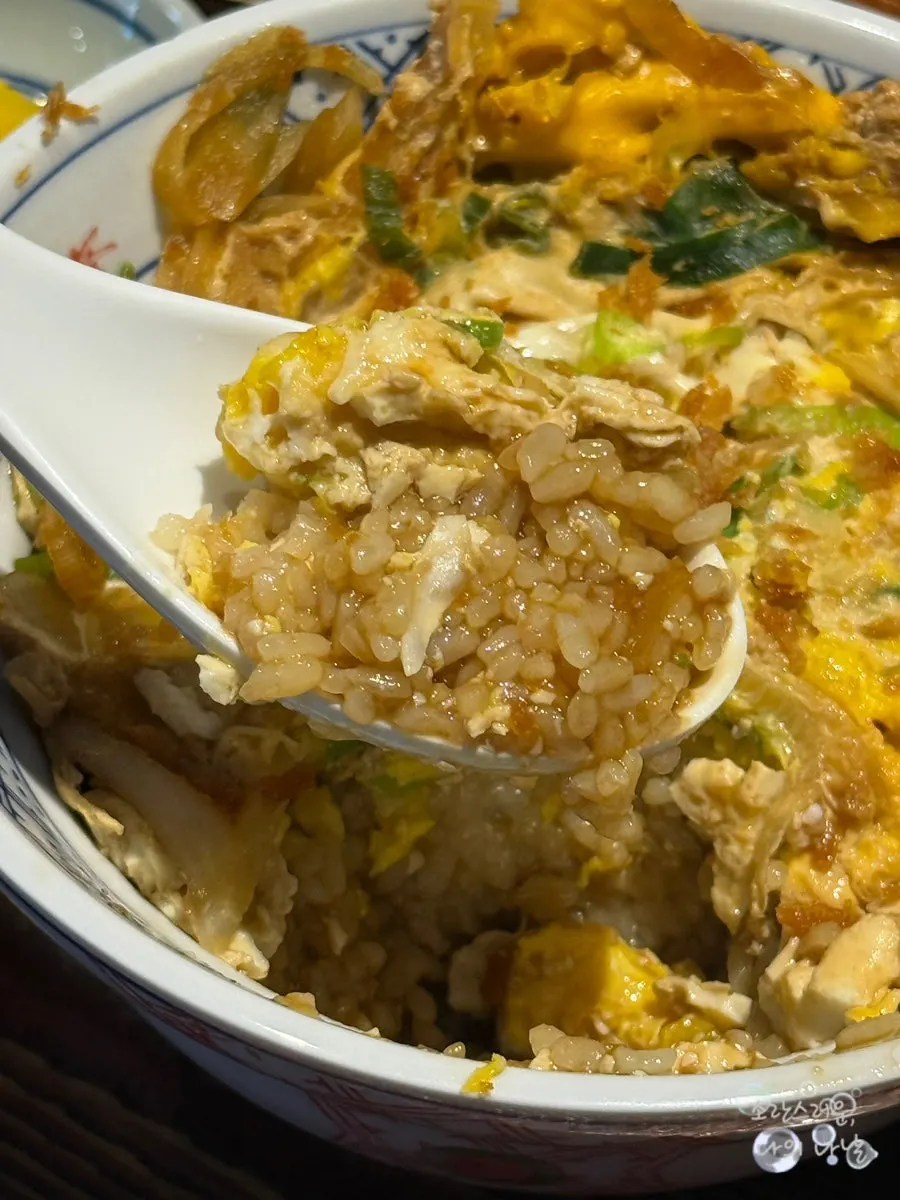 A spoonful of sauce-coated katsudon rice