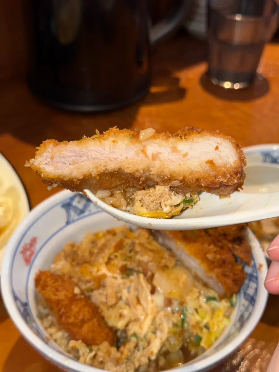 Primer plano del katsu grueso sobre el katsudon