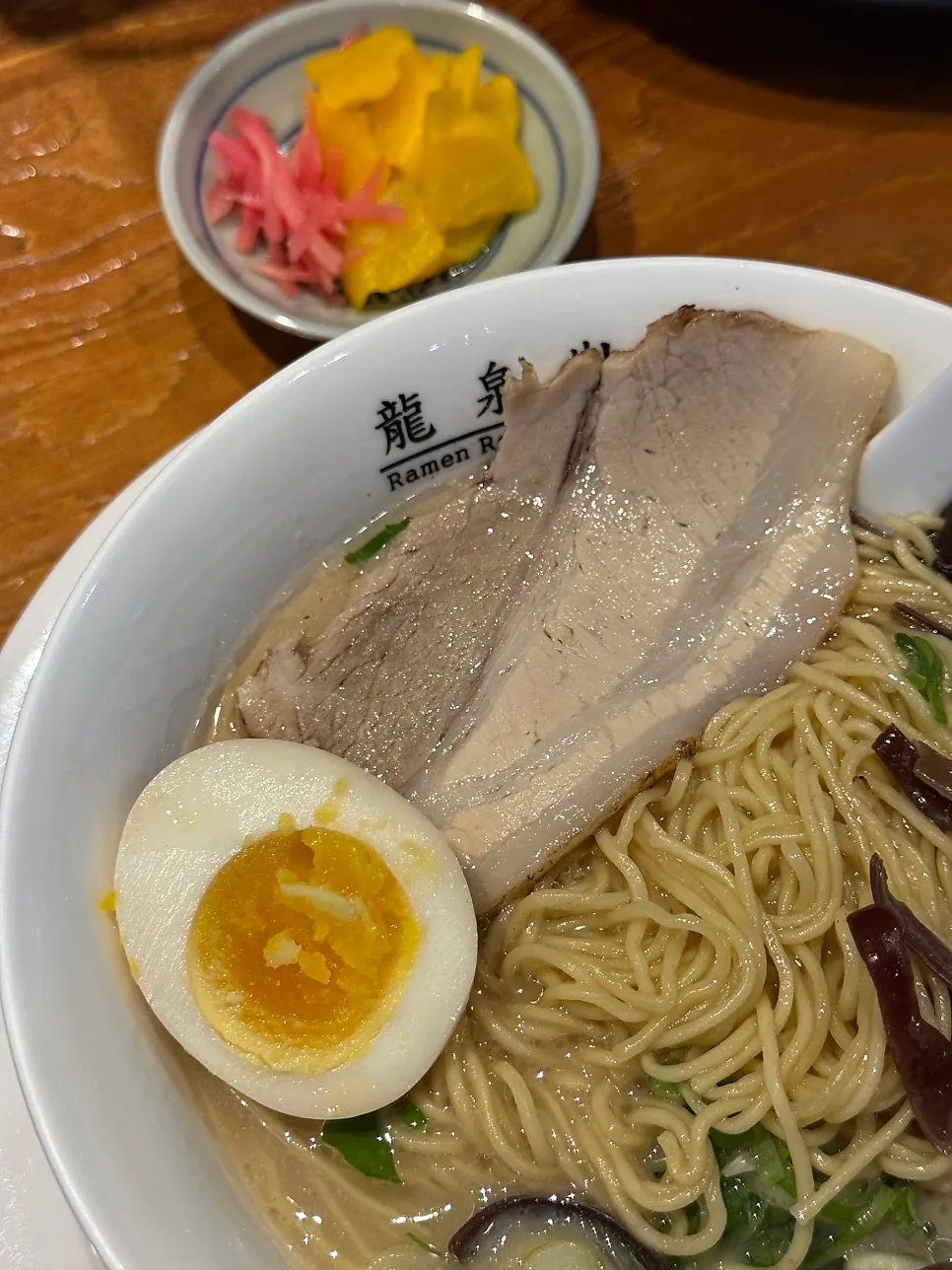 Close-up of the rich tonkotsu broth