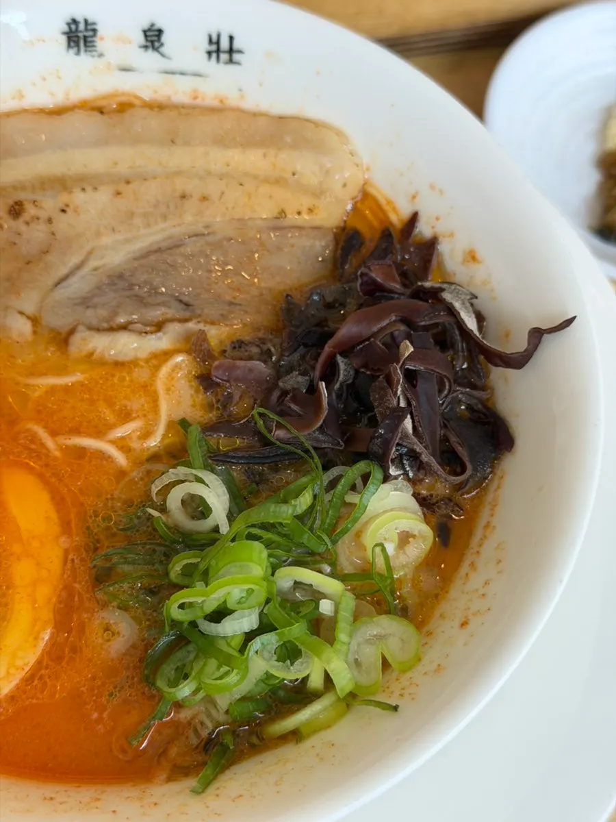 진한 돈코츠 육수의 류센소 카라 라멘 근접 모습