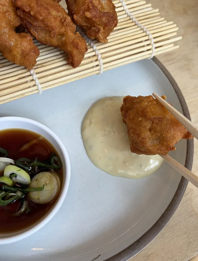 Tori karaage served with two dipping sauces