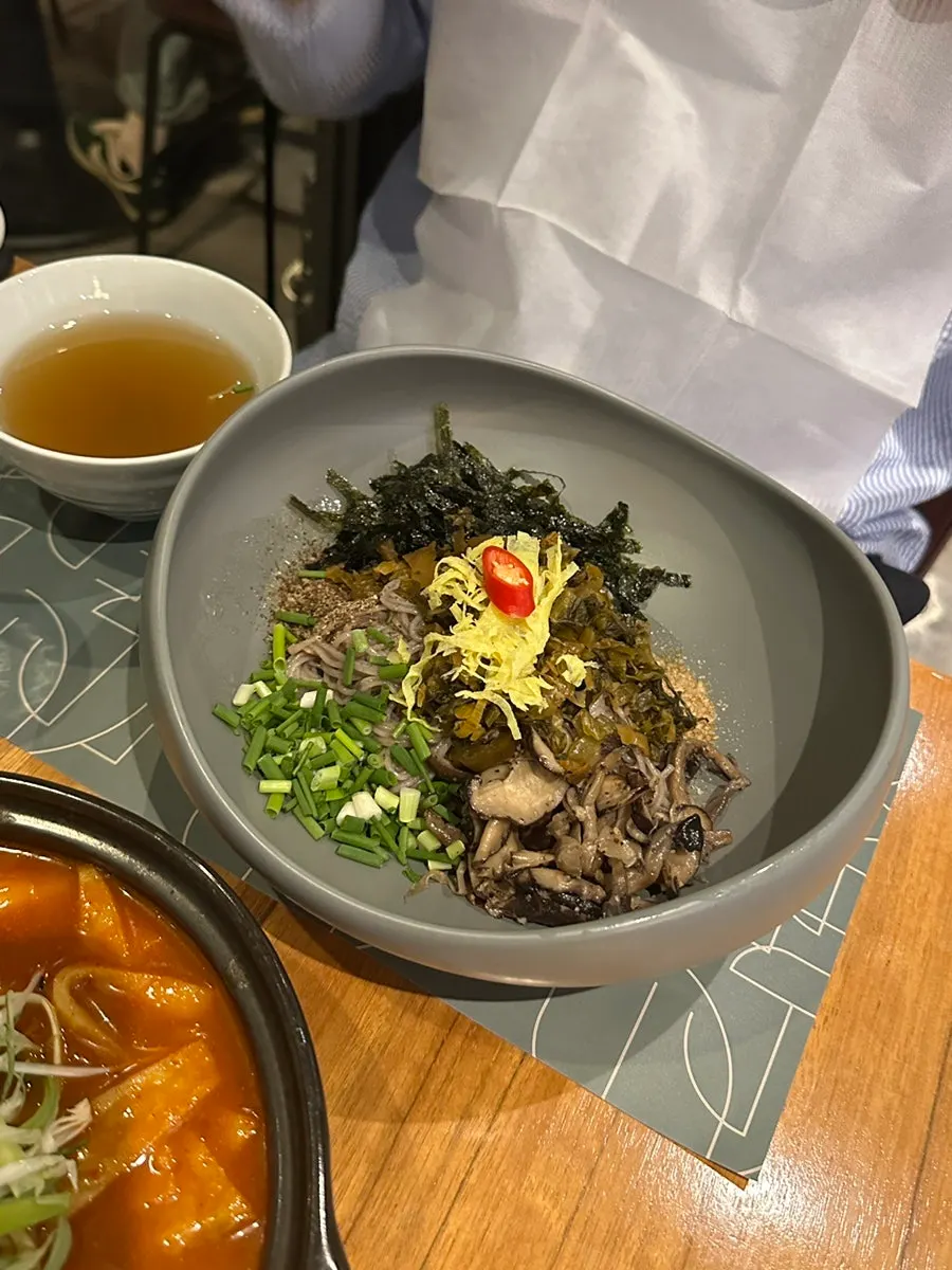 Perilla oil bibim noodles wrapped in gamtae seaweed