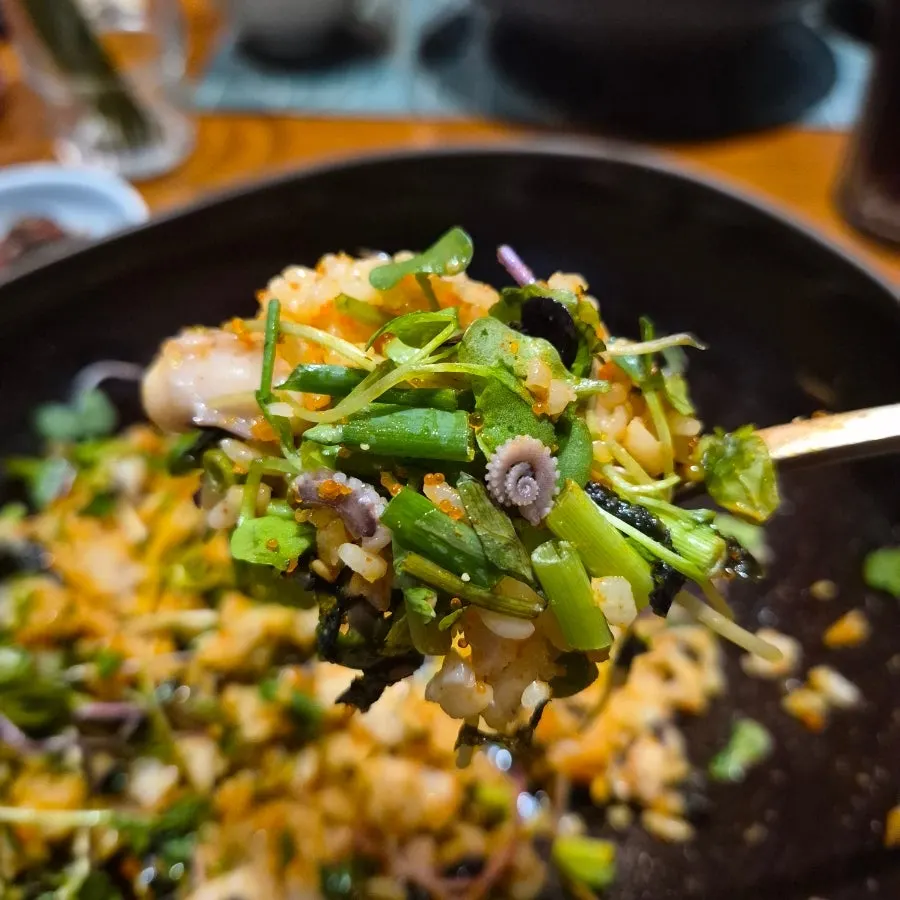 A spoonful of tangtang octopus deodeok gochujang bibimbap