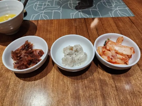 Three basic side dishes including bite-sized kimchi