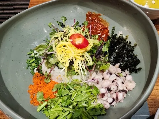 Close-up of the gochujang rice with octopus and flying fish roe
