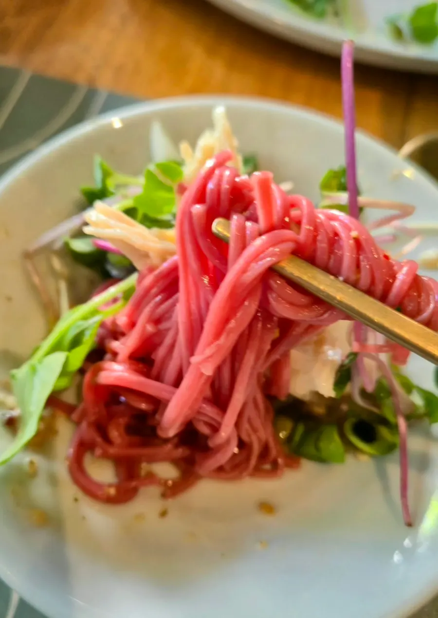 Cold red vinegar chicken noodles topped with red noodles and mustard-dressed shredded chicken
