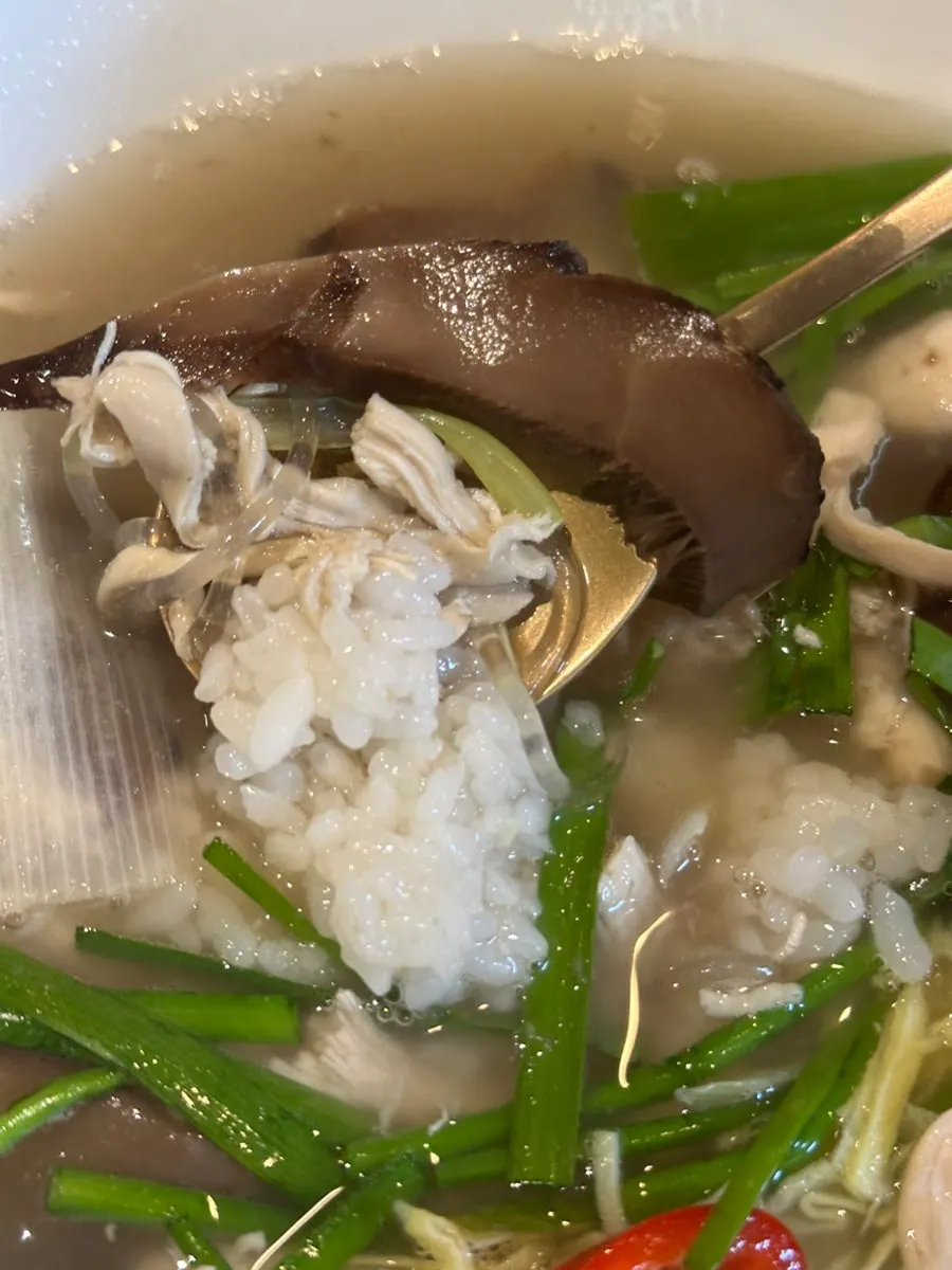 Close-up of the neungi mushroom chicken gomtang broth