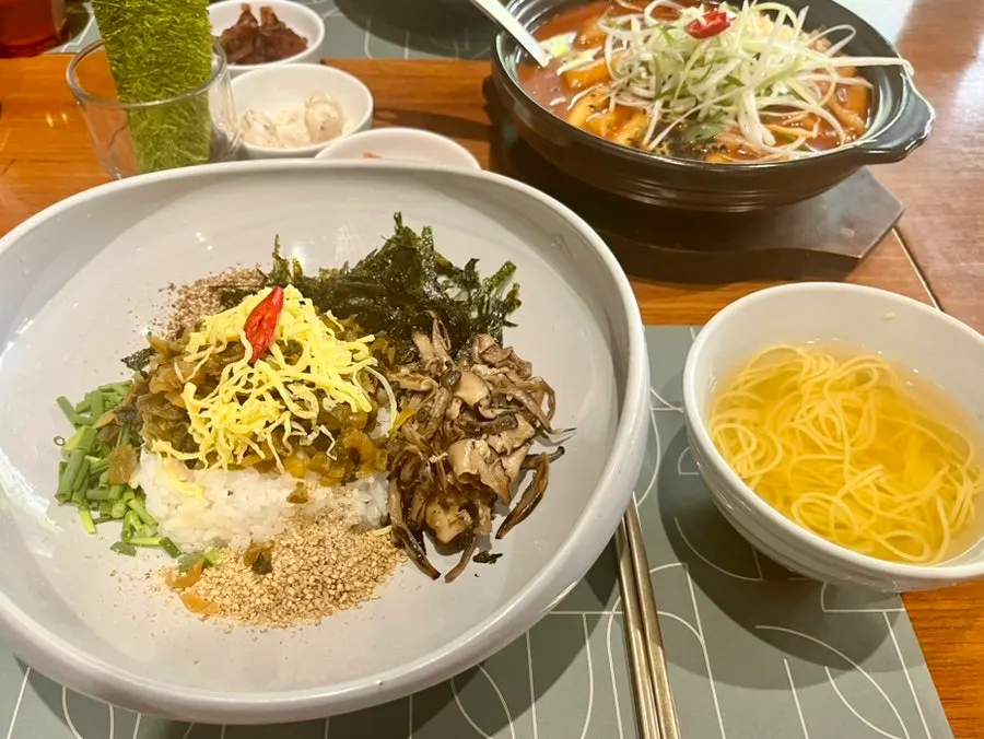 A Korean mixed rice dish served in a large bowl at SABAL