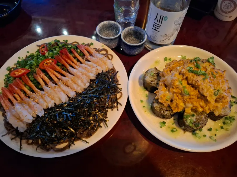Order of ankimo maki and sweet shrimp soba noodles