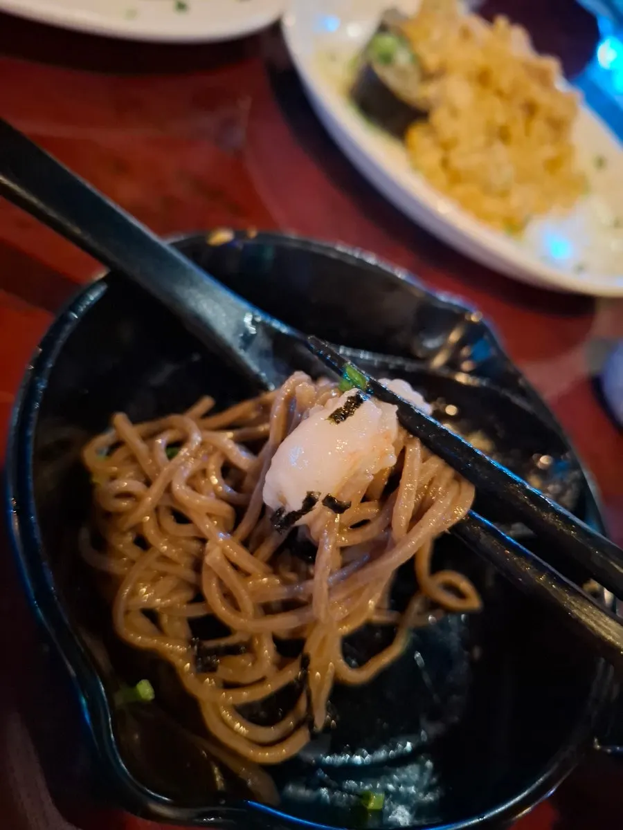 Soba noodles topped with sweet shrimp