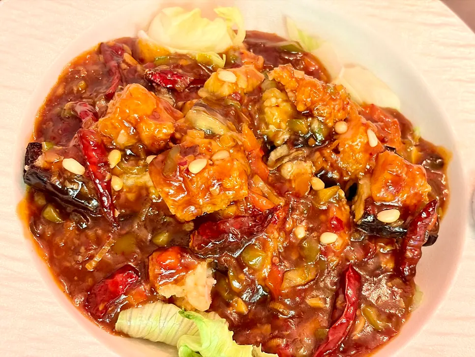 Close-up of springy shrimp and soft eggplant