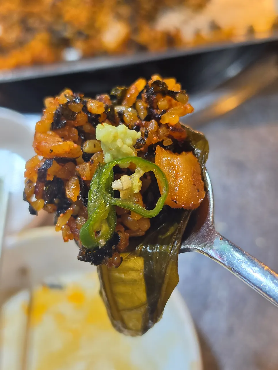 Fried rice with perilla-leaf pickles and chili