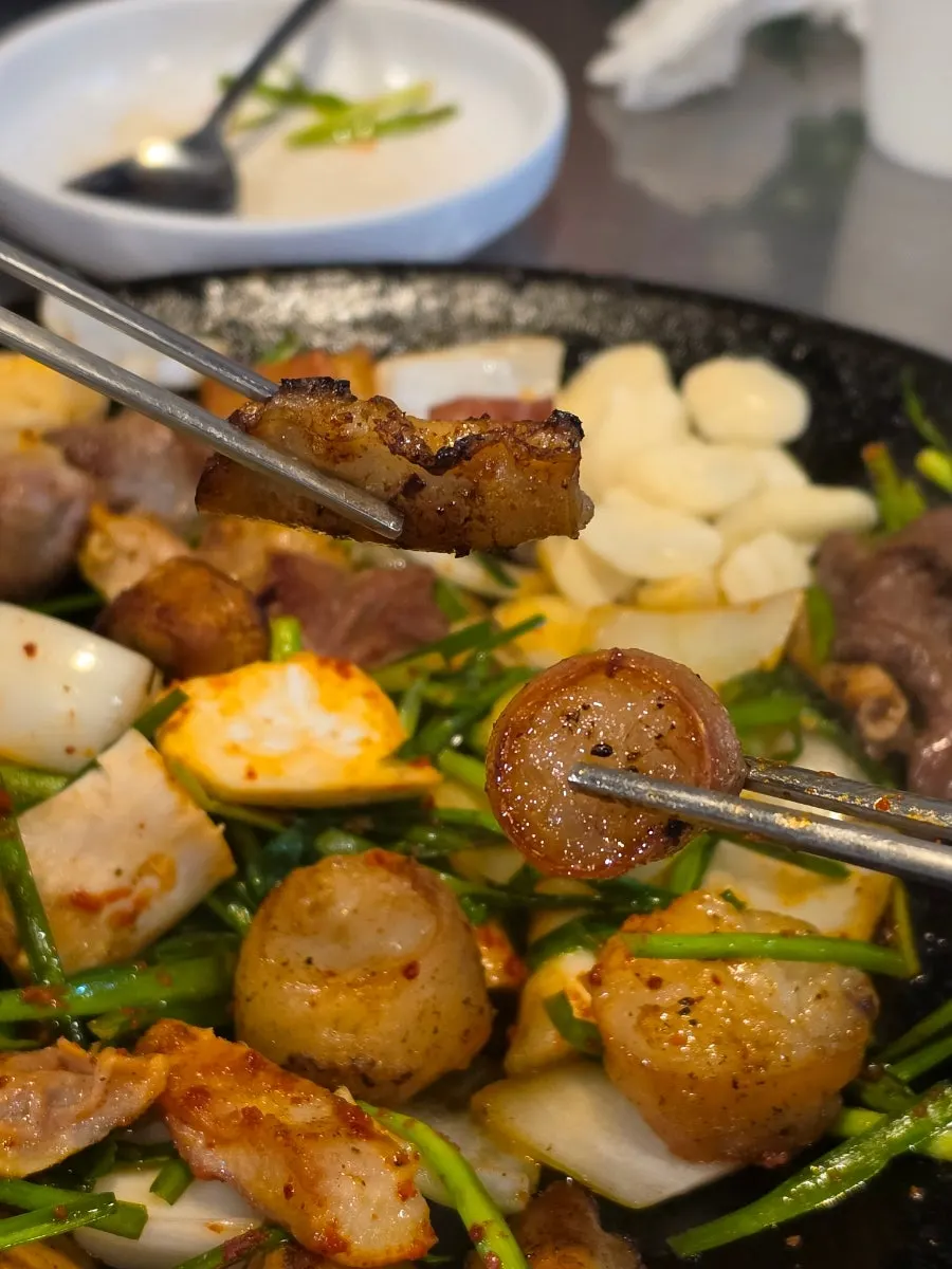 Spicy-sweet chive salad served with the gopchang