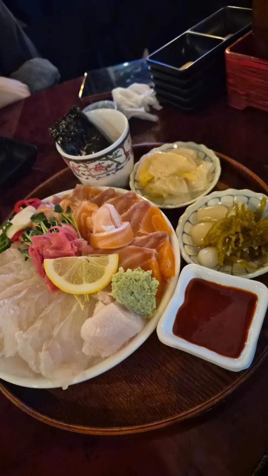 Dimly lit izakaya interior atmosphere