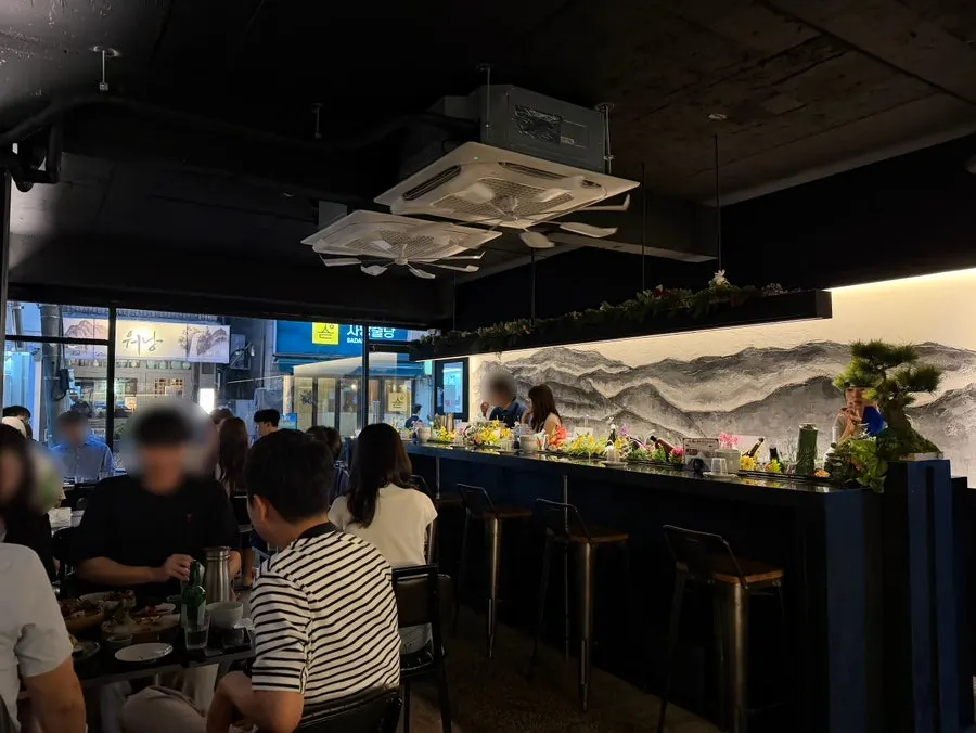 Restaurant interior with flowing-water décor
