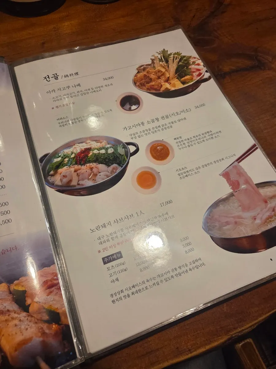 Menu board with sashimi options and prices at Gyeongseong Sanghoe