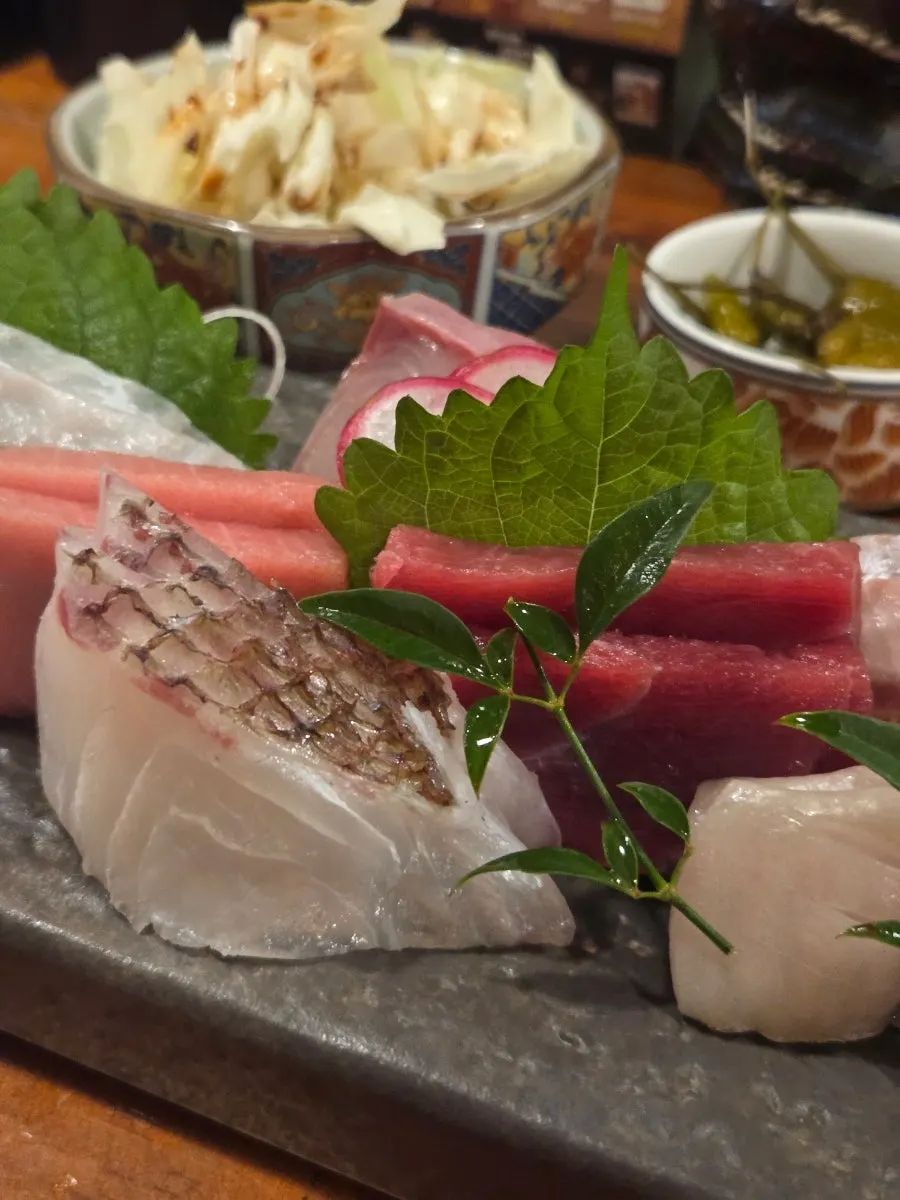 Close-up view of several kinds of fish in the assorted sashimi