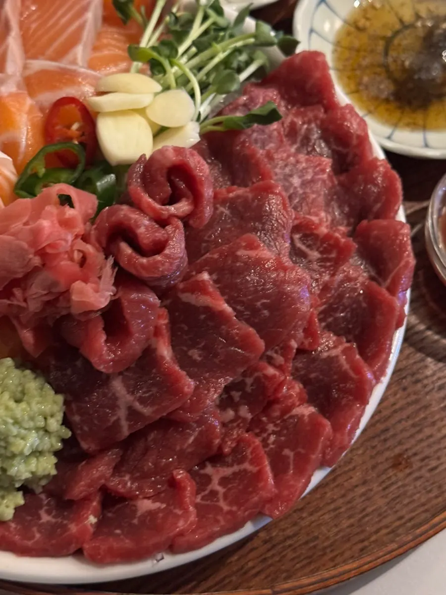 Close-up of marbled beef sashimi
