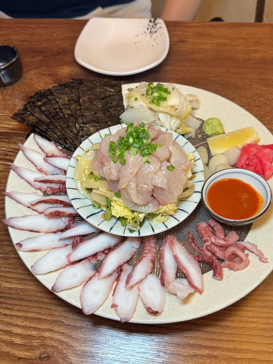 Full spread of barley doenjang hoe-muchim